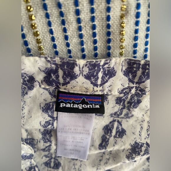 PATAGONIA WOMENS COTTON CASUAL  SHIRT WHITE PURPLE 3/4 SLEEVE SZ 12 - Picture 12 of 12